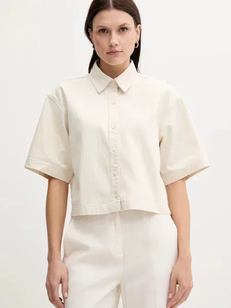 Calvin Klein Jeans koszula z domieszką lnu relaxed z kołnierzykiem klasycznym beżowy