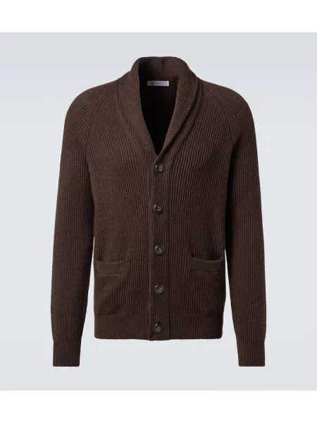 Dzianinowy kardigan Brunello Cucinelli prążkowany brązowy