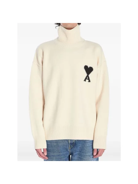 Sweter z golfem Ami Paris wełniany z logo do golfa biały