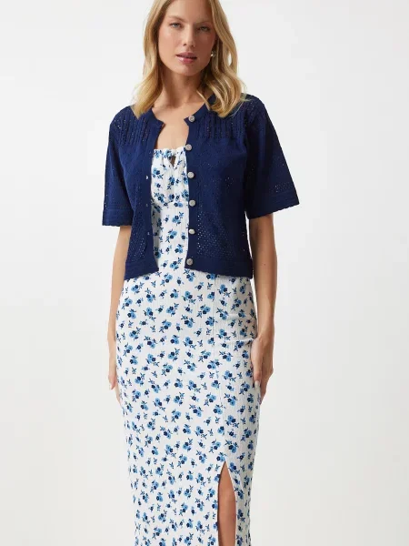 Happiness İstanbul Navy Blue Openwork Seasonal Knitwear Cardigan albastru