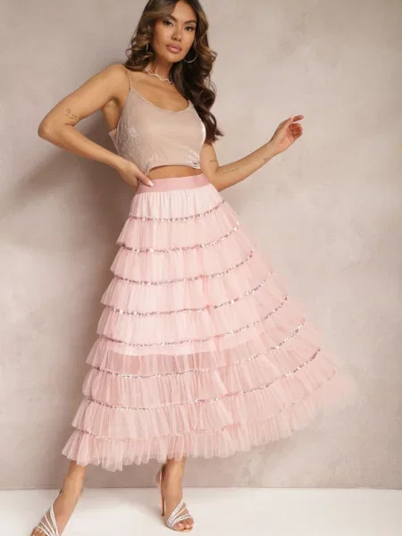 Rozkloszowana Spódnica Maxi z Falbankami i Cekinami Noobi różowa