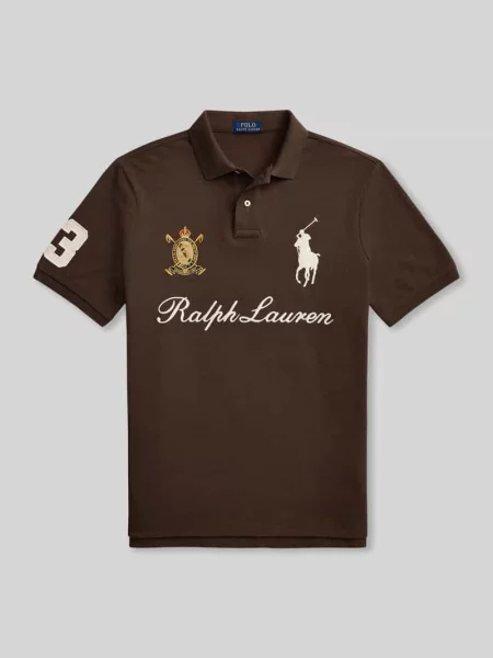 Koszulka polo o kroju regular fit z czystej bawełny z naszywkami i haftami Polo Ralph Lauren brązowa