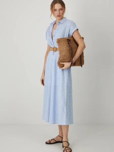 Medicine sukienka lniana midi rozkloszowana niebieski