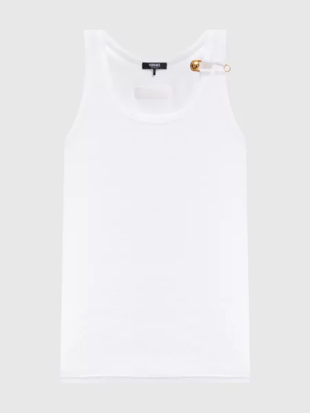 Топ в рубчик з брендовою шпилькою Versace білий