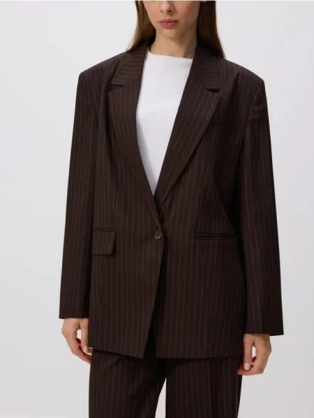 Reserved Піджак у смужку з віскозою темно коричневий