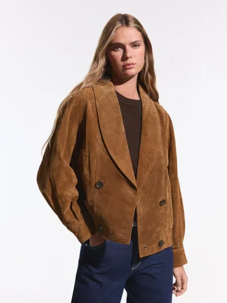 Bershka Kurtka Skórzana Zamszowa Krzyżowa Kobieta M-L brązowy