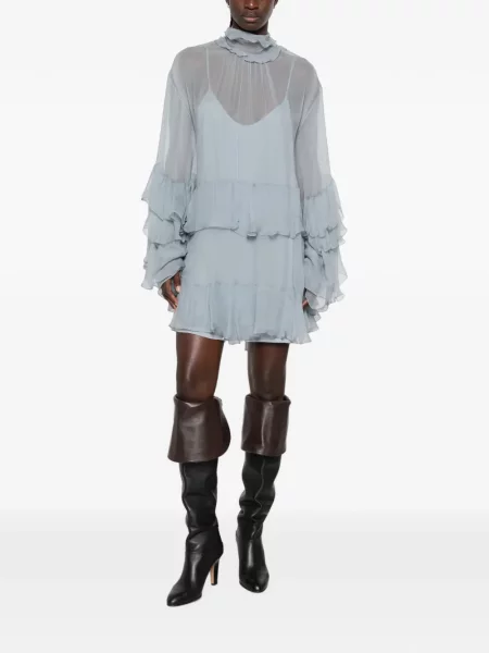 Rochie mini Chloé de mătase cu volane albastru