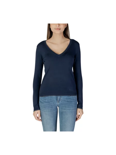 Dzianinowy sweter Liu Jo z dekoltem w serek niebieski