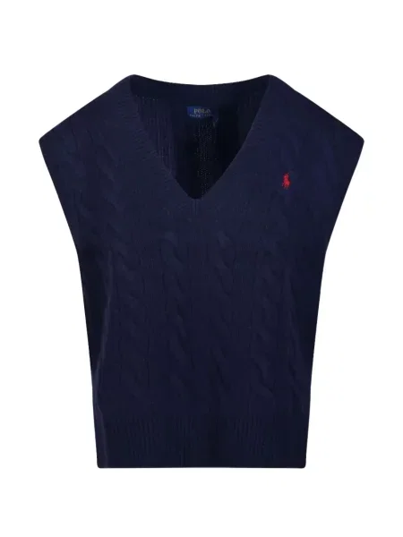 Vestă din puf Polo Ralph Lauren tricotate cu decolteu în V maro