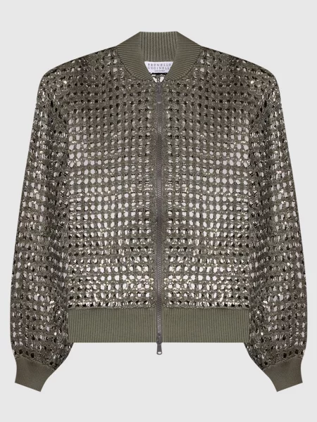 Ажурний кардиган кольору хакі із шовку та льону в паєтки Brunello Cucinelli