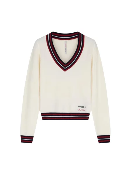 Sweter Guess z dekoltem w serek biały