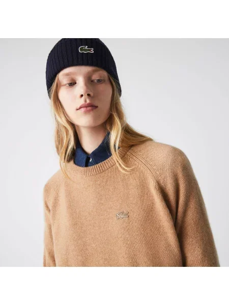 Lacoste Wełniany Sweter Z Okrągłym Kołnierzykiem beżowy