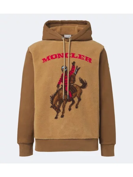 Hanorac cu glugă Moncler din fleece cu imagine maro