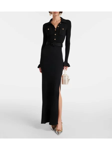 Rochie maxi Self-portrait tricotate cu crăpătură de costum negru
