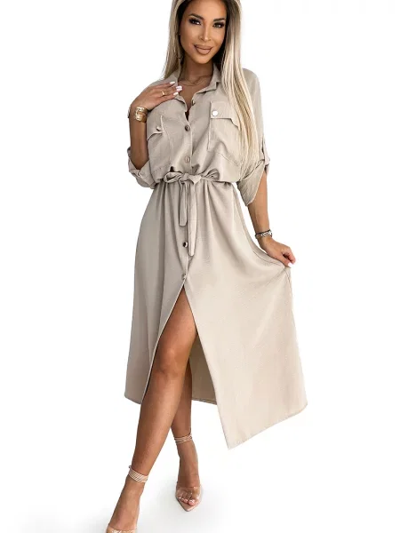 Rochie tip cămașă Numoco până la genunchi cu legături de costum auriu