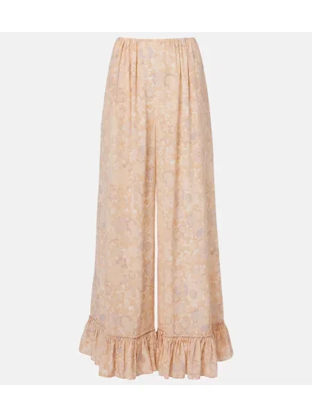 Pantaloni Chloé de mătase cu model floral cu volane roz