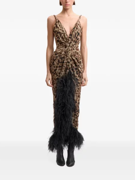 Rochie maxi 16arlington cu pene cu model leopard maro
