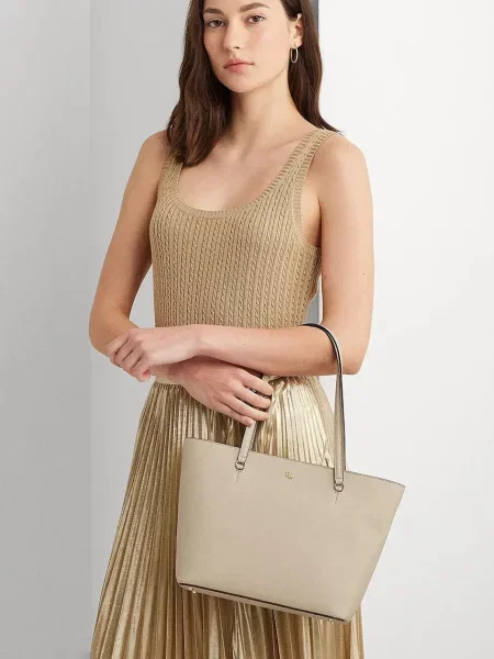 Lauren Ralph Lauren дамска шопинг чанта от кожа бежово