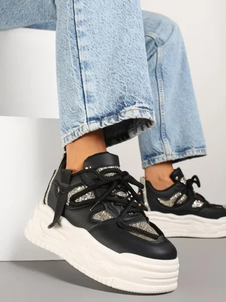 Sneakersy w Streetwearowym Stylu na Tłoczonej Platformie z Brokatem Mailienne czarne