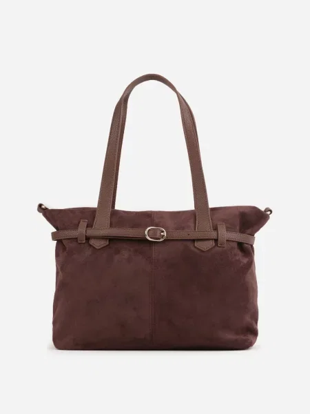 Elegancka Torebka Shopper Bag o Fakturze Zamszu z Paskiem z Klamerką Mudrey brązowa