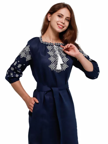 Лляна Вишита сукня Folk Moda темно-синій синя