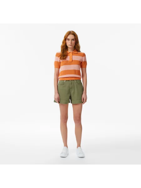 Lacoste Bluzka Z Kołnierzykiem Polo Z Krótkim Rękawem W Paski Regular Fit pomarańczowa
