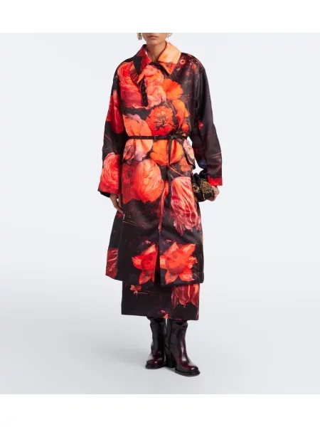 Cu centură palton Dries Van Noten cu model floral portocaliu