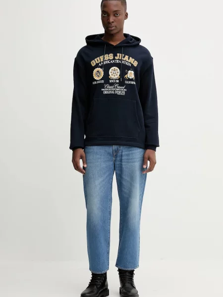 Guess Jeans bluza granatowy z kapturem z nadrukiem