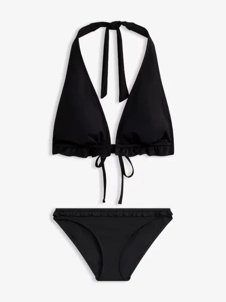 Bikini z dekoltem halter i falbanką komplet czarne