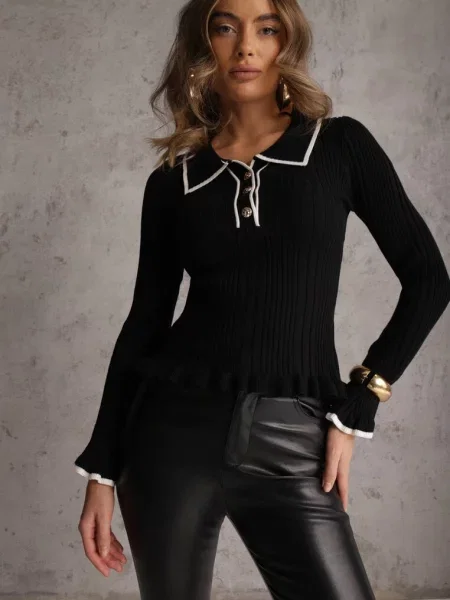 Sweter Retro z Wiskozą Zdobiony Kołnierzykiem Falbankami i Sirrise czarny