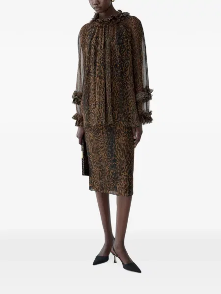 Fustă midi Carolina Herrera de mătase cu imagine cu model leopard maro
