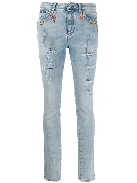 Skinny jeansy skinny Philipp Plein z przetarciami niebieskie