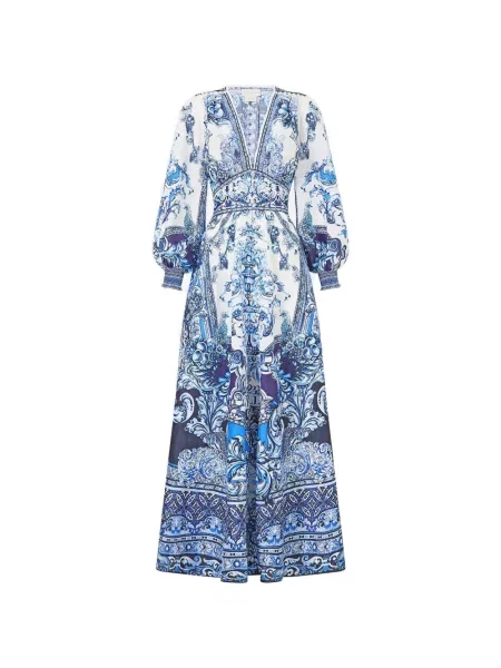 Rochie maxi Camilla cu decolteu în V de costum albastru