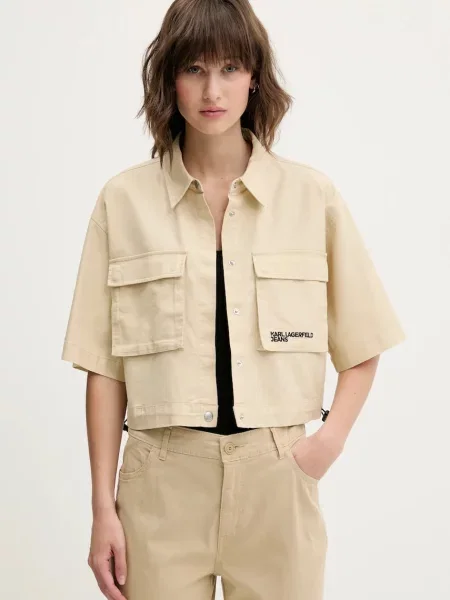Риза Karl Lagerfeld Jeans дамска със свободна кройка с класическа яка бежово