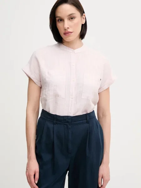Tommy Hilfiger koszula lniana relaxed ze stójką różowy