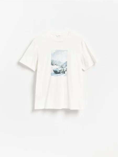 Reserved T-shirt regular z merceryzowanej bawełny złamana biel