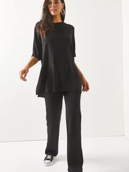 Olalook Black Top Slit Bottom Palazzo Suit crna