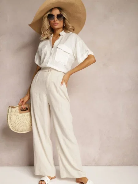 Jasnobeżowe Spodnie z Szerokimi Prostymi Nogawkami High Waist z Lnem Amivesa beżowe