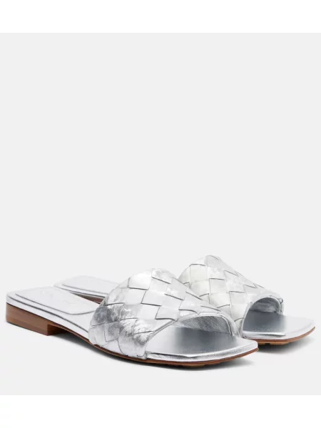 Papuci tip mules Bottega Veneta din piele argintiu