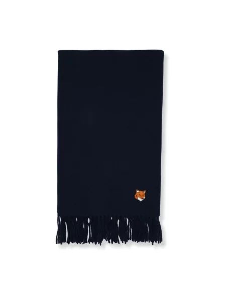 Maison Kitsuné szalik wełniany Fox Head granatowy gładki niebieska