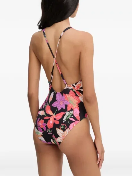 Slip de baie Nike cu gât halter cu imagine cu imprimeu geometric negru