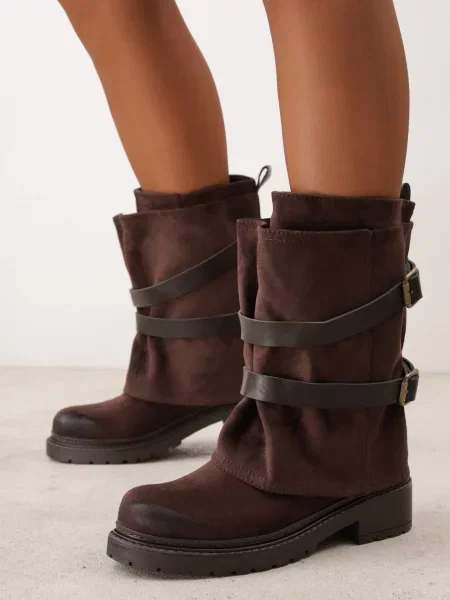 Botine biker cu carâmb stratificat decorate cu două curele și catarame Cressa maro