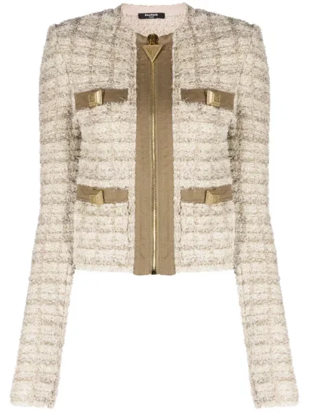 Geacă Balmain din tweed verde