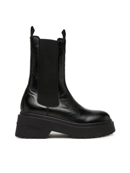 Кожени боти Tommy Jeans CHUNKY SHINY LEATHER CHELSEA с равна подметка черно