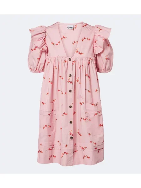Rochie Ganni cu model floral cu volane din poplin roz