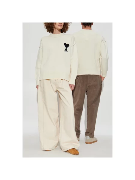 Sweter Ami Paris wełniany z logo beżowy