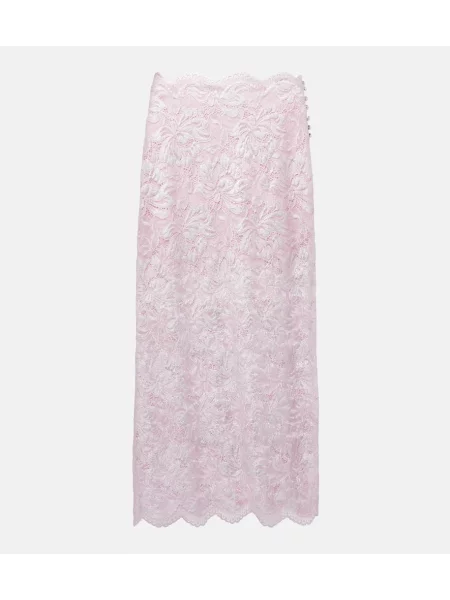 Fustă midi Rabanne cu model floral din dantelă până la genunchi roz