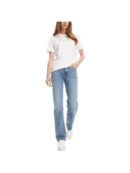 Blugi drepți Calvin Klein Jeans cu talie înaltă alb