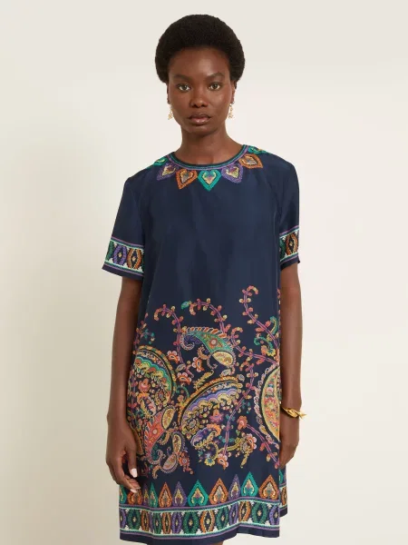 Etro Jedwabna Sukienka blau pomarańczowa