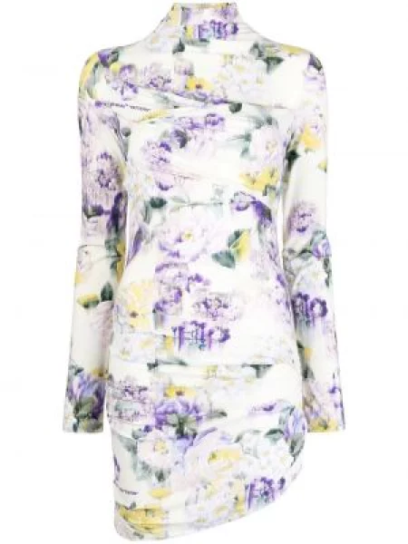 Rochie Off-white cu model floral cu imagine drapată alb